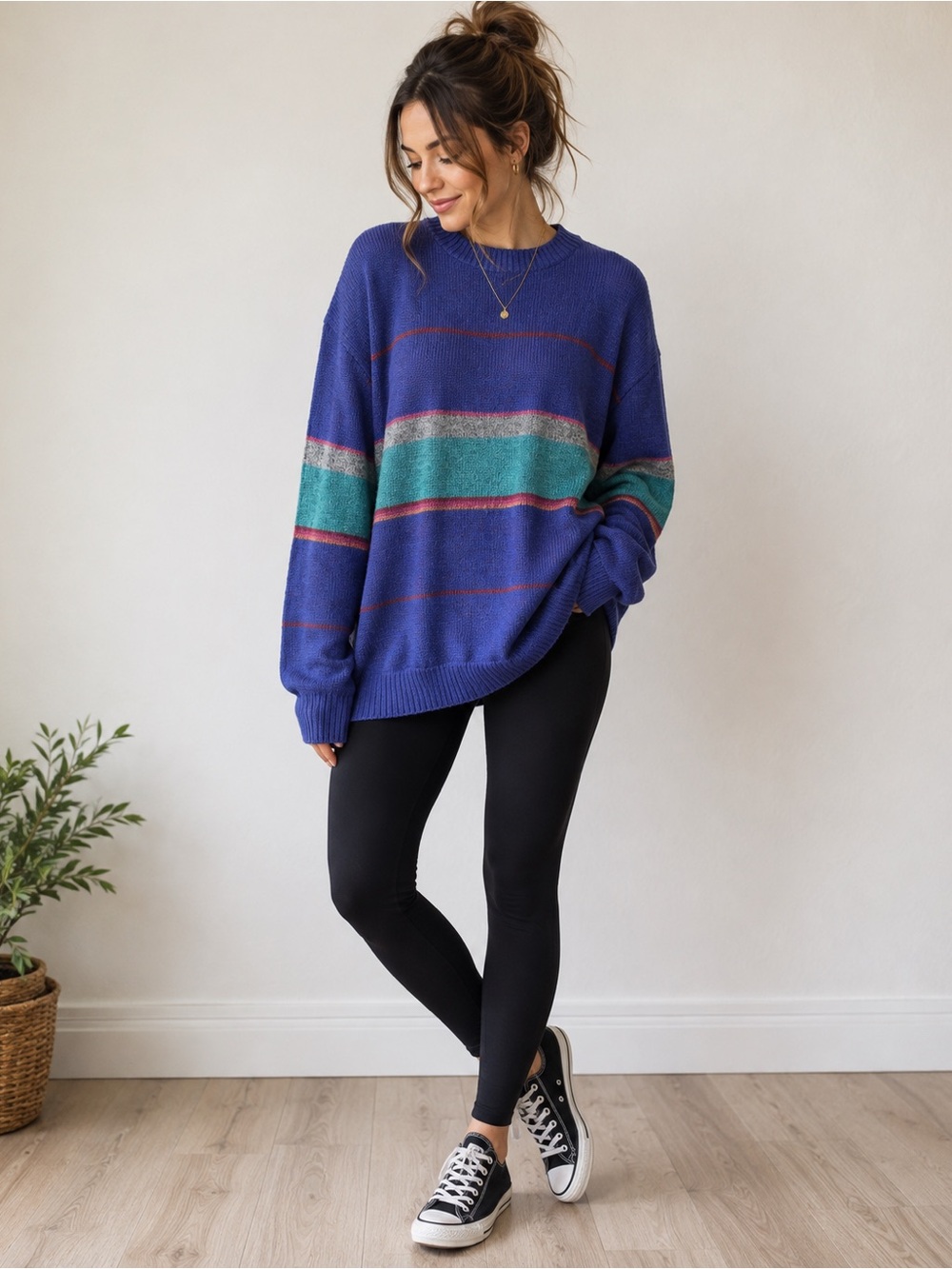 Vintage Jantzen XL Colorblock Grandpa Sweater Blue Teal Striped Knit
